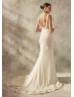 Draped Neck Ivory Sparkly Sequin Lace Trim Wedding Dress